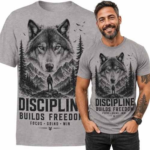 Koszulka męska z wilkiem i górami „Discipline Builds Freedom” - motywacyjna