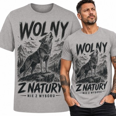 Koszulka męska z wilkiem w górach „Wolny z natury - nie z wyboru”