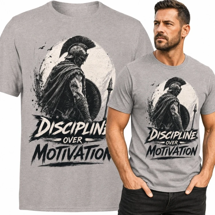 Koszulka męska ze spartańskim wojownikiem „Discipline over motivation”