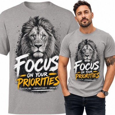 Koszulka męska z portretem lwa „Focus on your priorities” - motyw siły i koncentracji