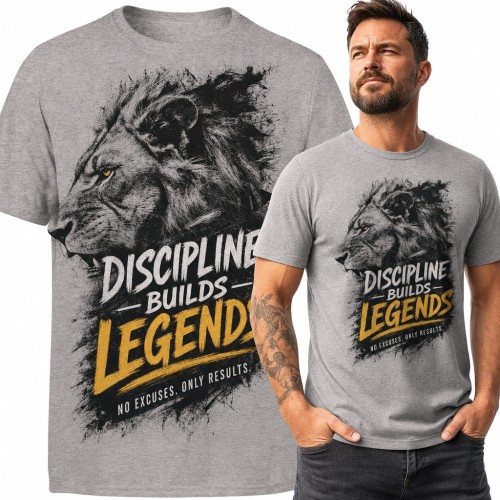 Koszulka męska z lwem „Discipline Builds Legends” - motywacyjny wzór
