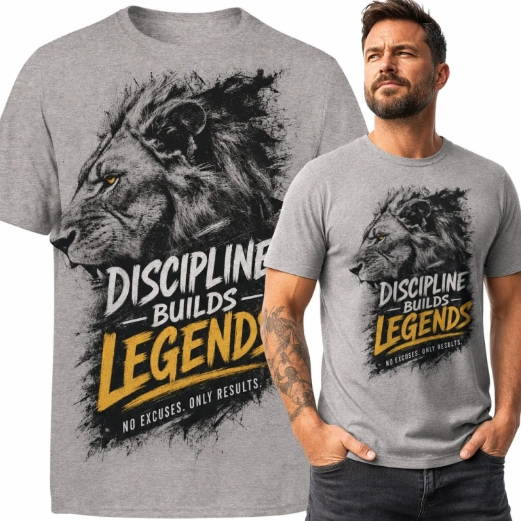 Koszulka męska z lwem „Discipline Builds Legends” - motywacyjny wzór