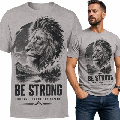 Koszulka męska z lwem i górskim krajobrazem „Be Strong” - motywacyjny nadruk
