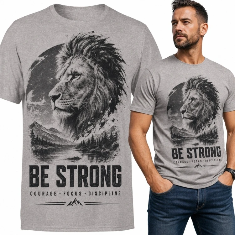Koszulka męska z lwem i górskim krajobrazem „Be Strong” - motywacyjny nadruk
