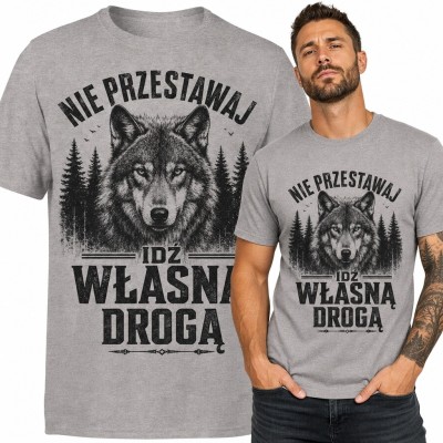 Koszulka męska z wilkiem „Idź własną drogą” - leśny wzór vintage