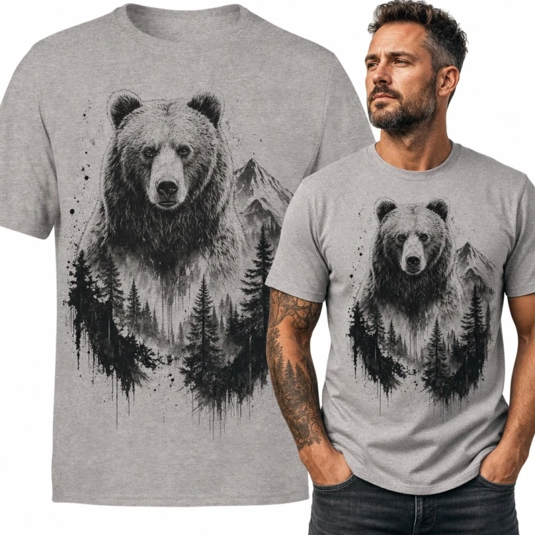 Koszulka męska z niedźwiedziem na tle górskiego lasu - monochromatyczny wzór