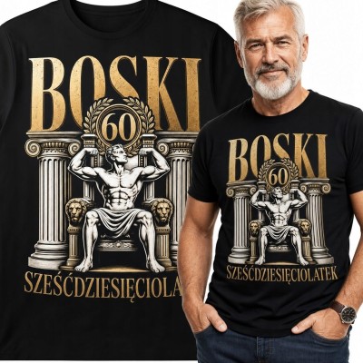 Koszulka męska na 60 urodziny „Boski 60 sześćdziesięciolatek” - antyczny władca na tronie