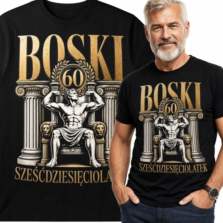 Koszulka męska na 60 urodziny „Boski 60 sześćdziesięciolatek” - antyczny władca na tronie
