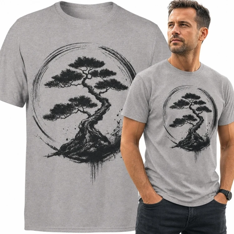Koszulka męska z japońskim bonsai w stylu sumi-e - artystyczny nadruk