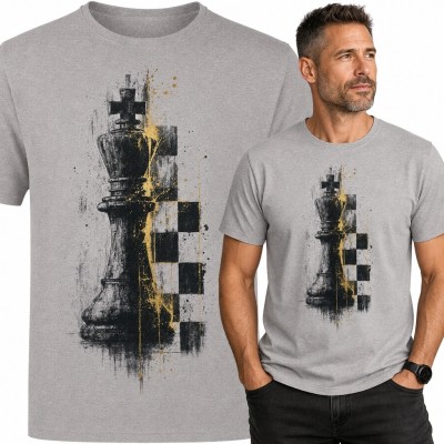 Koszulka męska z królem szachowym i szachownicą - artystyczny motyw grunge