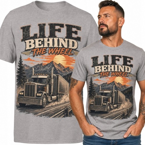 Koszulka męska dla kierowcy ciężarówki „Life Behind the Wheel” - nadruk retro