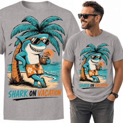 Koszulka męska z rekinem „Shark on Vacation” - wakacyjny nadruk