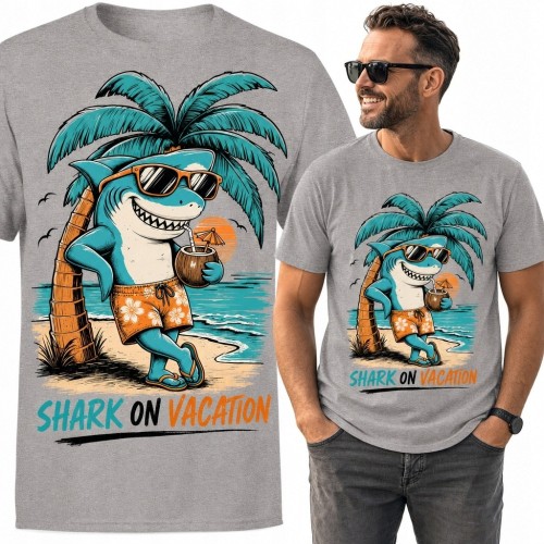 Koszulka męska z rekinem „Shark on Vacation” - wakacyjny nadruk