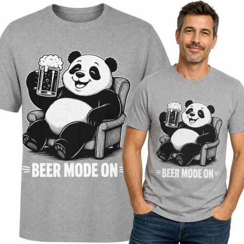 Koszulka męska z pandą i piwem „Beer mode on” - humorystyczny nadruk