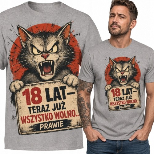 Koszulka męska na 18 urodziny z kotem „18 lat - teraz już wszystko wolno... prawie”