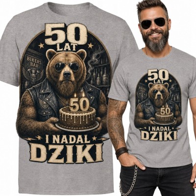 Koszulka męska na 50 urodziny z niedźwiedziem-bikerem „50 lat / i nadal dziki”