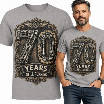 Koszulka męska na 70 urodziny „70 Years - Still Running” - mechaniczny wzór retro