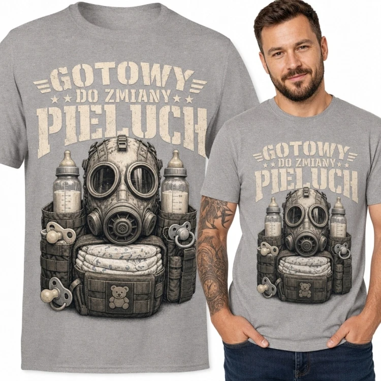 Koszulka męska dla taty „Gotowy do zmiany pieluch” - maska z pieluchami i smoczkami