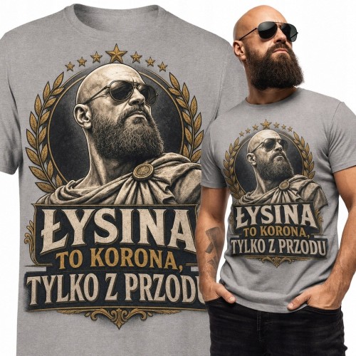 Koszulka męska dla łysego z napisem „Łysina to korona, tylko z przodu” - humorystyczny wzór