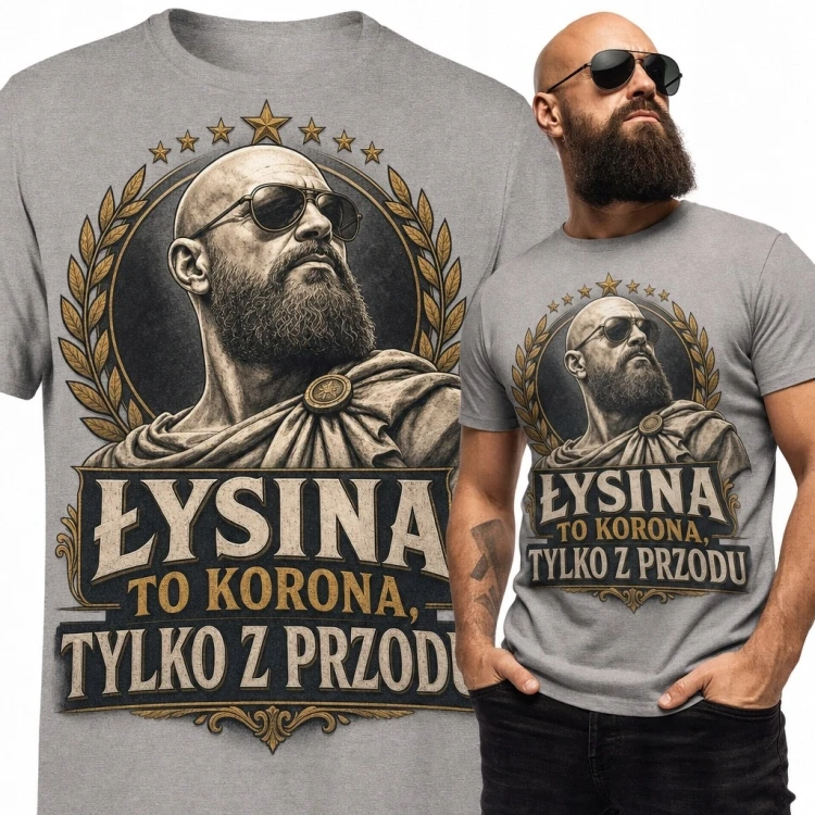 Koszulka męska dla łysego z napisem „Łysina to korona, tylko z przodu” - humorystyczny wzór