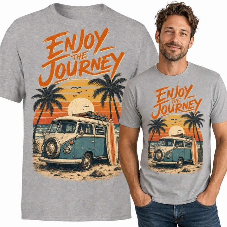 Koszulka męska „Enjoy the Journey” - retro van i deska surfingowa