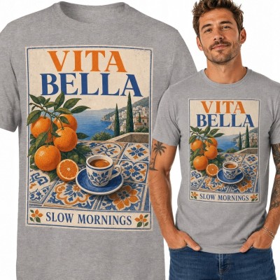 Koszulka męska z espresso i śródziemnomorskim motywem „Vita Bella - Slow Mornings”