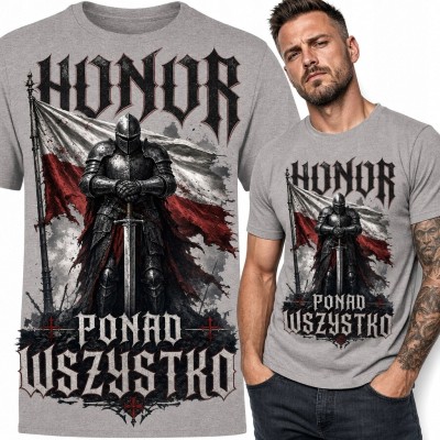 Koszulka męska z rycerzem i polską flagą „Honor ponad wszystko” - patriotyczny motyw