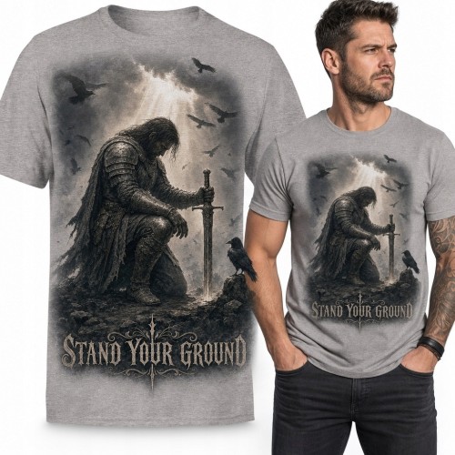 Koszulka męska z wojownikiem i krukami „Stand Your Ground” - mroczne fantasy