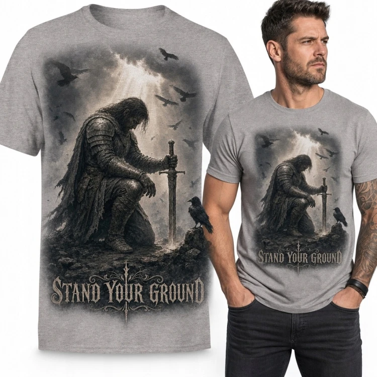 Koszulka męska z wojownikiem i krukami „Stand Your Ground” - mroczne fantasy