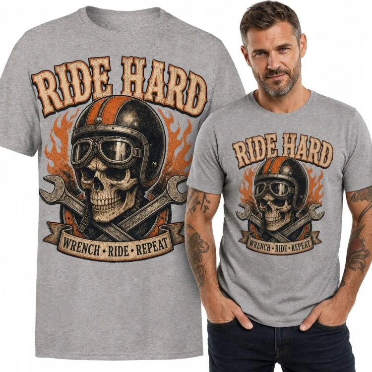 Koszulka męska dla motocyklisty z czaszką „Ride Hard” - motyw warsztatowy