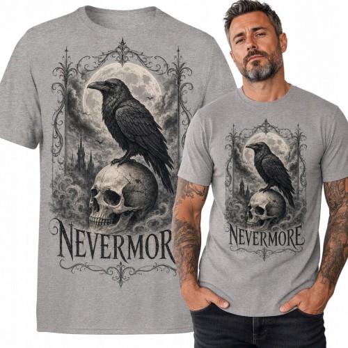 Koszulka męska z krukiem na czaszce i napisem „Nevermore” - gotycki wzór