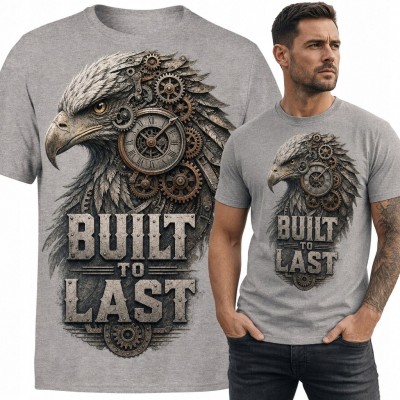 Koszulka męska z mechanicznym orłem i napisem „Built to Last” - steampunkowy zegar