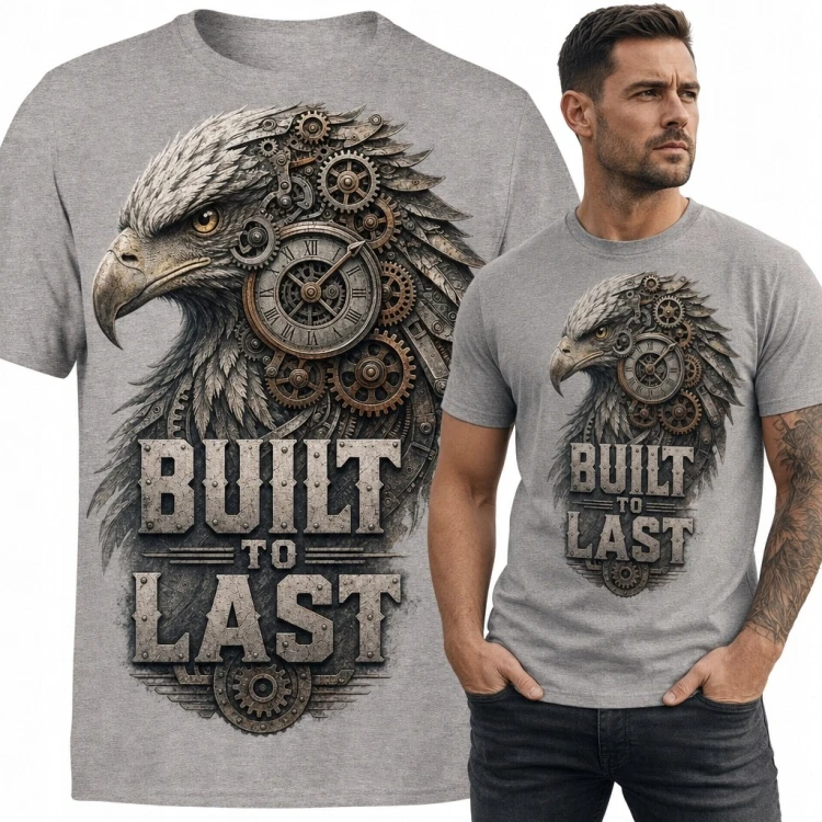 Koszulka męska z mechanicznym orłem i napisem „Built to Last” - steampunkowy zegar