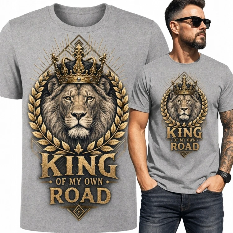 Koszulka męska z lwem w koronie „King of My Own Road”