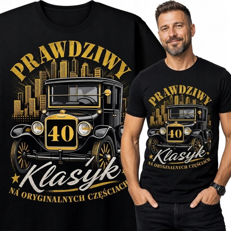 Koszulka męska na 40 urodziny z zabytkowym autem - „Prawdziwy klasyk”