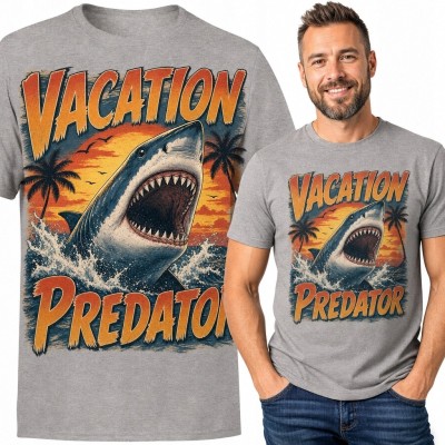 Koszulka męska z rekinem „Vacation Predator” - tropikalny nadruk retro