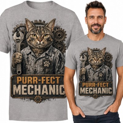 Koszulka męska dla mechanika z kotem „Purr-fect Mechanic” - wzór retro