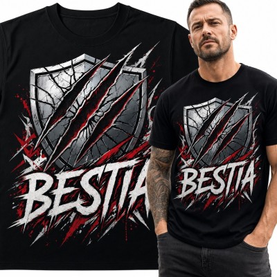 Koszulka męska „Bestia” ze spękaną tarczą i śladami pazurów - wzór grunge