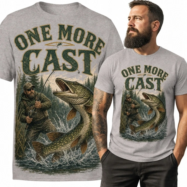 Koszulka męska dla wędkarza ze szczupakiem „One More Cast”