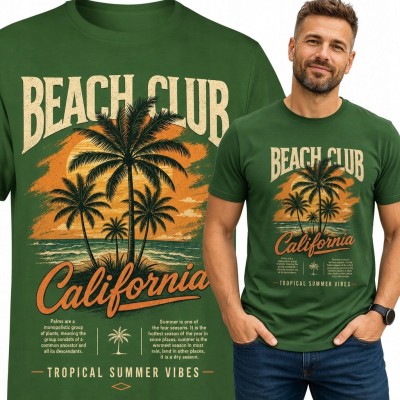 Koszulka męska „Beach Club California” - palmy i zachód słońca