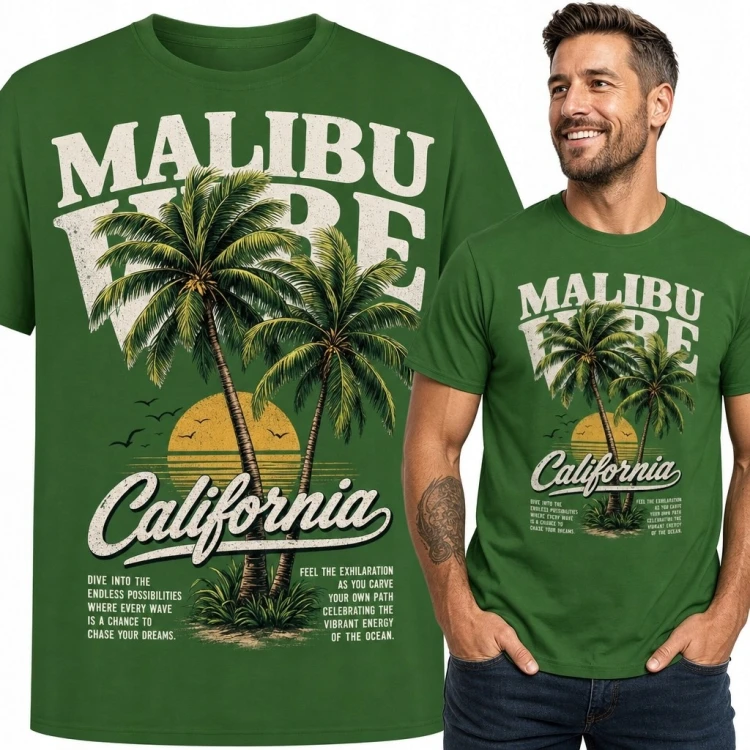 Koszulka męska „Malibu California” z palmami i zachodem słońca - retro