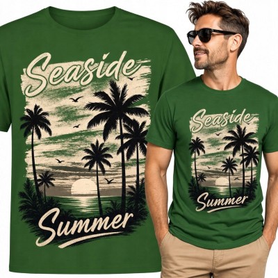 Koszulka męska „Seaside Summer” z palmami i zachodem słońca - wakacyjny wzór retro