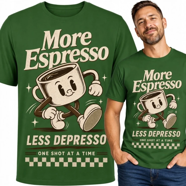 Koszulka męska z espresso „More Espresso / Less Depresso” - kawowy humor retro