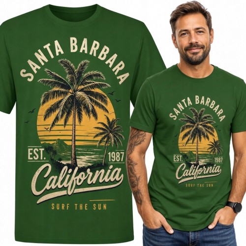 Koszulka męska „California” z palmami i zachodem słońca - Santa Barbara