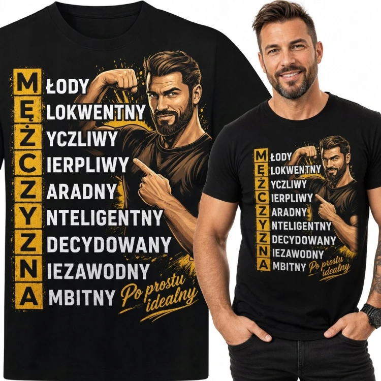 Koszulka męska z akrostychem „Mężczyzna” - „Po prostu idealny”