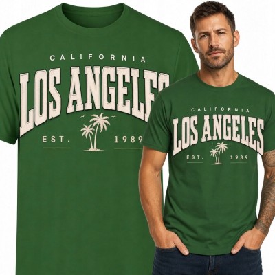 Koszulka męska „Los Angeles” zielona z kremowym nadrukiem varsity