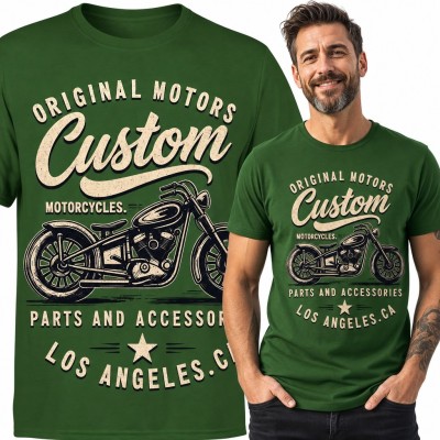 Koszulka męska z motocyklem custom i napisem „Custom” - styl retro
