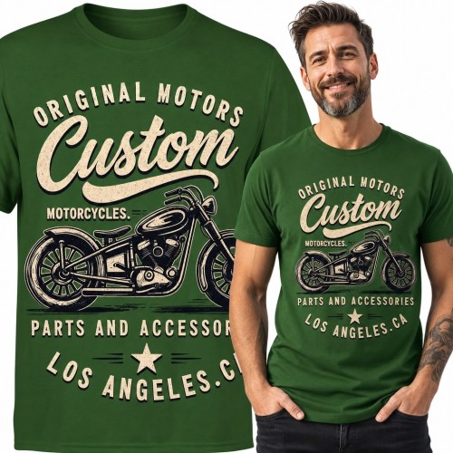 Koszulka męska z motocyklem custom i napisem „Custom” - styl retro