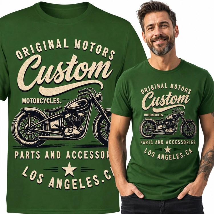Koszulka męska z motocyklem custom i napisem „Custom” - styl retro