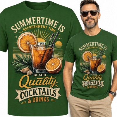 Koszulka męska z retro koktajlem „Quality Cocktails &amp; Drinks” - wakacyjny motyw